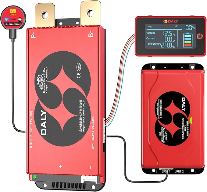 DALY BMS Balance 12V 150A Display - Smart 1A Active Balance BMS 4S with 3 Inch LCD Screen WiFi Bluetooth Module Supports RS485 CAN for RV Trolling Motor Battery Portable Power Station