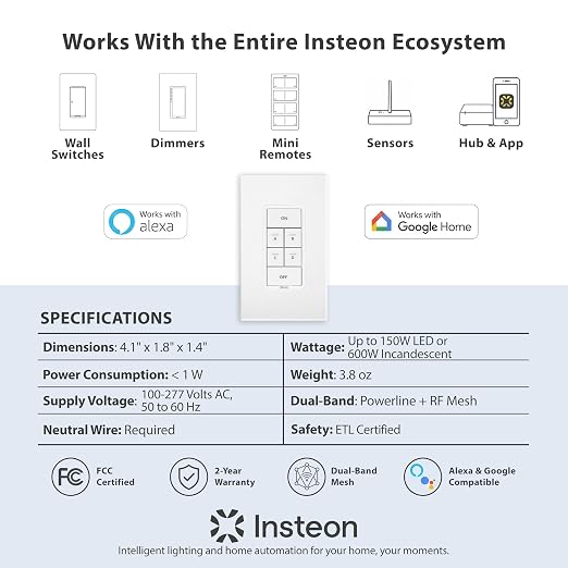 Insteon 6-Button Dimmer Keypad, in-Wall Smart Scene Controller - 2334-232 | Controls Up to 5 Devices, 150W LED, Dual-Band Smart Switch, Neutral Wire Required, Hub Required for Alexa & Google Assistant