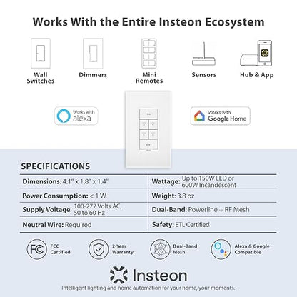 Insteon 6-Button Dimmer Keypad, in-Wall Smart Scene Controller - 2334-232 | Controls Up to 5 Devices, 150W LED, Dual-Band Smart Switch, Neutral Wire Required, Hub Required for Alexa & Google Assistant