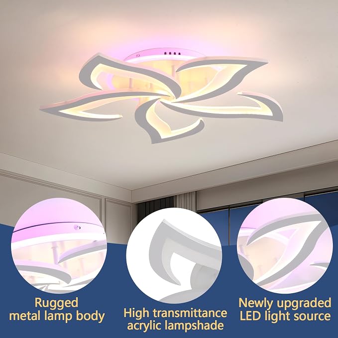 50W Dimmable LED Ceiling Light, 5-Petal Flush Mount, White | 23.6" Flower Ceiling Light with Remote, 3000K-6000K, 3000LM, Memory, Night Light & Timer for Bedroom Living Room Kitchen