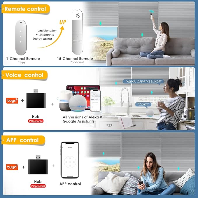 Motorized Cellular Shades with Remote Control, Blackout Electric Smart Blinds(Free Solar Panel) with Cordless, Windows Automatic Honeycomb Blinds, with Alexa Google, Grey, 39"× 64"