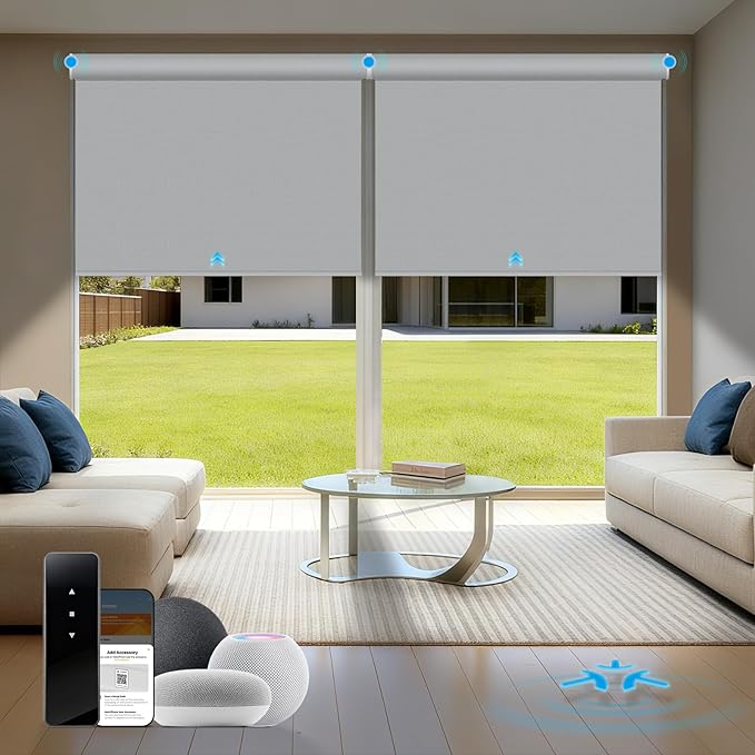 Motorized Blinds with Remote, Blackout Roller Shades for Indoor Windows, Smart Automatic Blinds Compatible with Alexa/Homekit/Google, Custom Size (Blackout-TexturaLux Grey)
