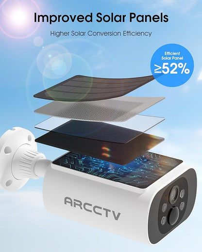 ARCCTV Solar Security Cameras Wireless Outdoor, Add on C3 Base, No Subscription 2K Cameras for Home Security Camera System, Continuous Power, Color Night Vision, PIR Sensor, IP65 Waterproof