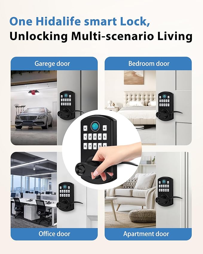 Hidalife Fingerprint Keypad Door Lock with Handle, Keyless Entry Door Lock for Front Door, Easy Passage Mode, Electronic Door Lock with Code, Matte Black