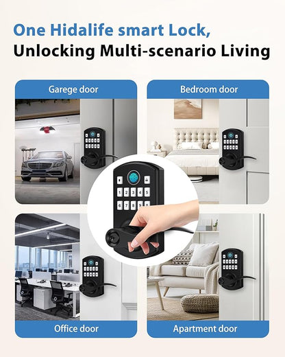 Hidalife Fingerprint Keypad Door Lock with Handle, Keyless Entry Door Lock for Front Door, Easy Passage Mode, Electronic Door Lock with Code, Matte Black