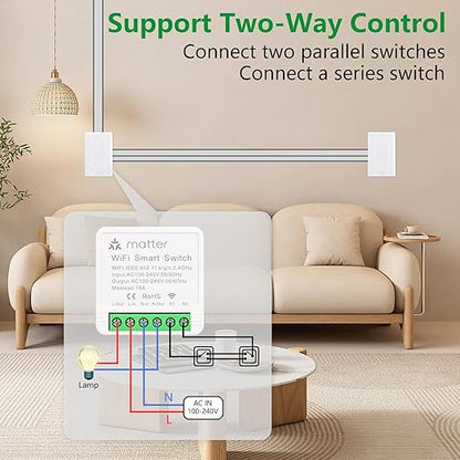 Wengart Matter Smart Relay WiFi Switch,16A Mini Universal Module for Smart Home, Works with Apple Home,Alexa & Google Home via Matter,eWelink App 2.4GHz,Retrofit in-Wall Switch,No Hub Required
