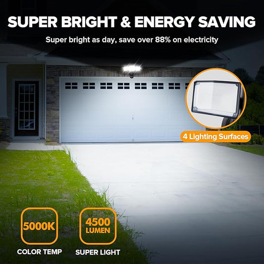 UME 49W LED Security Lights Motion Sensor Light Outdoor, 5000K Daylight, IP65 Waterproof, Dusk to Dawn, 3 Head Motion Detected Flood Light for Garage, Yard, Porch (Black)