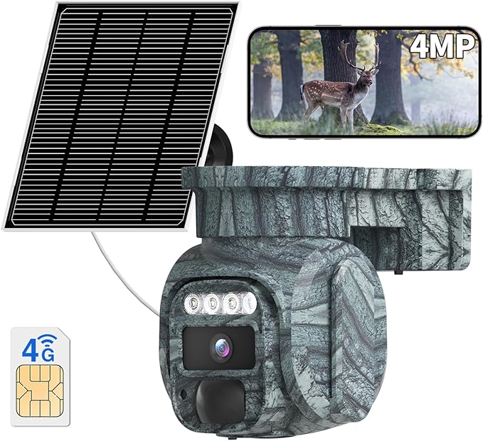 4G LTE Solar Cellular Security Camera Outdoor, Battery Power, No WiFi Wireless Camera with SIM Card Subscription Plan, 2 Way Talk, 355° View, 2K Vision, PIR Motion Sensor, Farm (Camouflage)