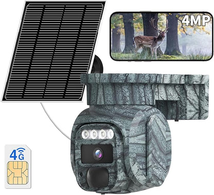 4G LTE Solar Cellular Security Camera Outdoor, Battery Power, No WiFi Wireless Camera with SIM Card Subscription Plan, 2 Way Talk, 355° View, 2K Vision, PIR Motion Sensor, Farm (Camouflage)
