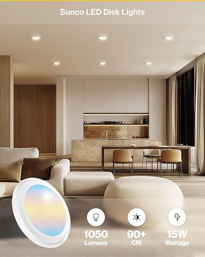 Sunco 60 Pack LED Disc Lights Ceiling 6 Inch, Flush Mount Disk Light, Recessed Can Lighting, 1050 LM, 15W (75W Equivalent), Selectable CCT 3000K/4000K/5000K/6000K/6500K, Dimmable, Damp Rated ETL