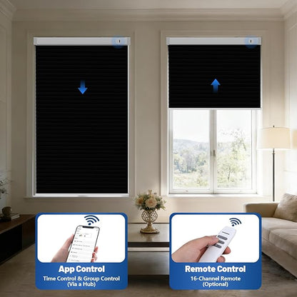 Motorized Cellular Shades with Remote, Blackout Smart Cellular Shades Compatible with Alexa, Cordless Honeycomb Window Blinds for Bedroom Home Office, Custom Size, Blackout Black