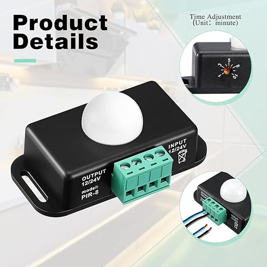 6 Pack 12V 24V PIR Sensor LED Motion Sensor Motion Detector Light Switch Body Infrared Sensing Timer Function Sign Control PIR Controllerfor Flexible LED Strip Lights(Black)