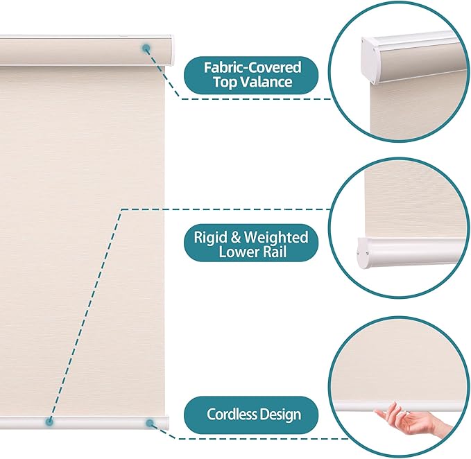 Changshade Custom Size Cordless Roller Shades, Blackout Roller Window Blinds with Thermal Insulated for Office, Living Room, Bedroom, Kitchen, Easy Installation,Beige