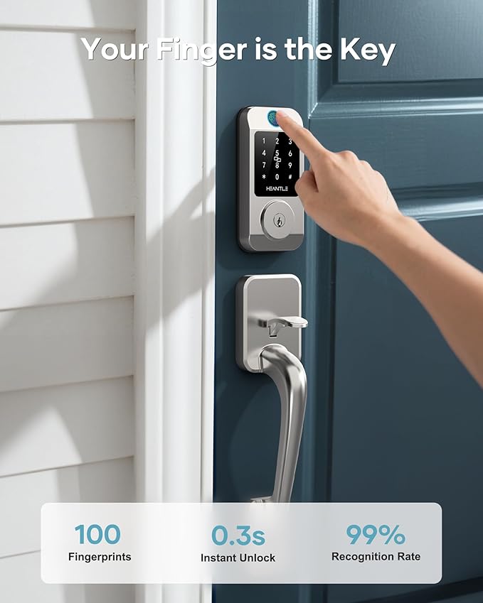 Wi-Fi Front Door Lock Set - HEANTLE Smart Locks for Front Door Built-in WiFi Keyless Entry Deadbolt with Handle Set Fingerprint Smart Electronic Deadbolt, Works with Alexa & Google Assistant Silver