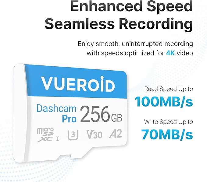 256GB Dashcam Pro microSD Card with Reader Adapter, C10, V30, UHS-I, Class 10, A2, High Speed Memory Card for 4K UHD Video, Read Speed up to 100 MB/s microsdxc