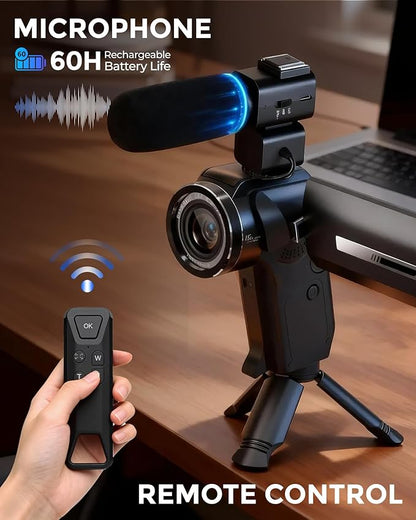 8K Video Camera 75MP Camcorder with WiFi Dual Lens Vlogging Camera for YouTube Rotation Screen Video Recorder with Microphone, Fill Light, Remote Control, mini Tripod, 2 Batteries, Charger