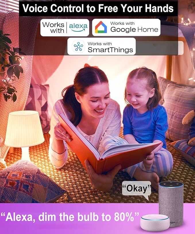 Vinaco A19 Smart LED Bulb 9W 800LM, 60W Equivalent, RGB Color Changing Light Bulb Work with Alexa & Google Assistant, WiFi Bluetooth Light Bulbs E26 Base, Smart A19 Dimmable Light, No Hub Needed