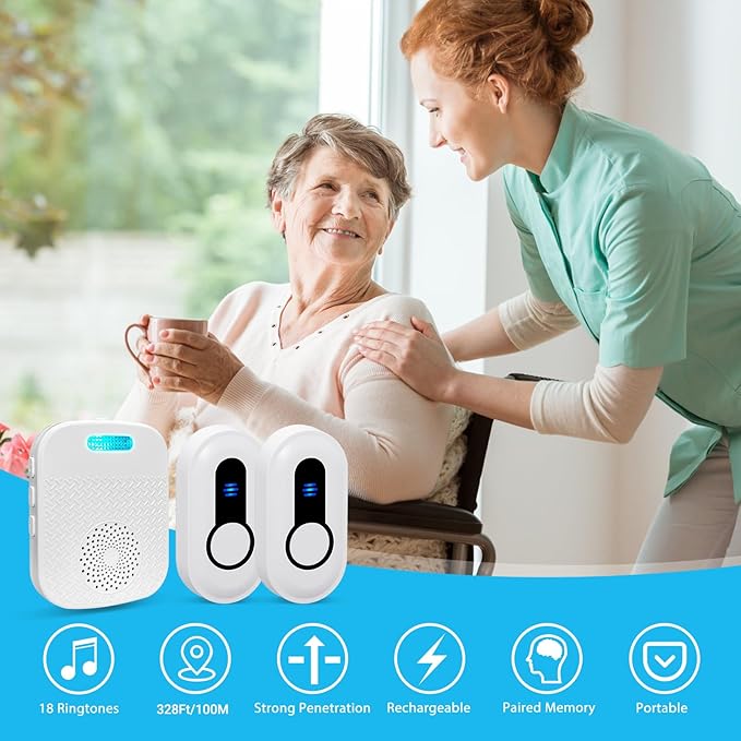 SanJie Wireless Caregiver Pager Call Bell for Patients at Home 328Ft Range Call Button for Elderly Life Alert Systems for Seniors (2 Rechargeable & Portable Receiver,3 Emergency Button)