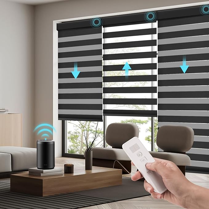 Motorized Zebra Blinds Works with Alexa Smart Home Dual Layer Window Shades Remote Roller Blinds Electric Horizontal Window Blindsfor Home Office，Customized Size (70% Shading - Luxury Black)