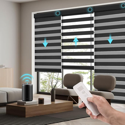 Motorized Zebra Blinds Works with Alexa Smart Home Dual Layer Window Shades Remote Roller Blinds Electric Horizontal Window Blindsfor Home Office，Customized Size (70% Shading - Luxury Black)