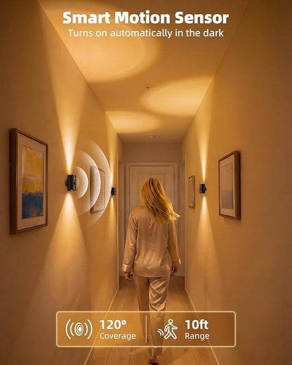 EZVALO Motion Sensor Wall Light, 4000mAh Rechargeable Battery Operated Wall Sconce, RGB & 3 Color Temps with Remote, Wireless Ambient Light for Living Room, Hallway, Apartment (2 Pack, Black)