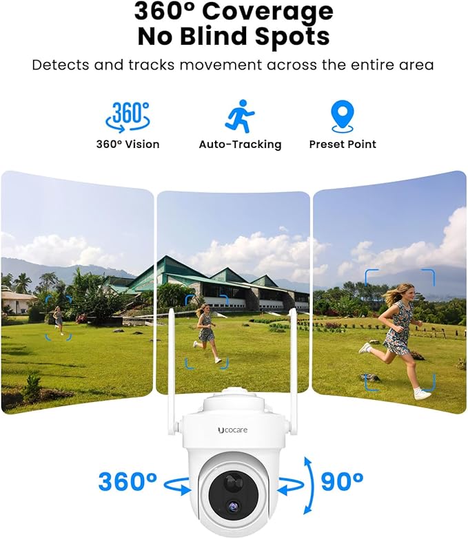 UCOCARE Solar Security Camera System, Stable 300m WiFi Coverage, 4K Solar Cameras for Home Security with Base Station, 64GB TF Card, No Subscription, 360° AutoTracking, 5G & 2.4G WiFi, 2 Cam-Kit