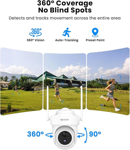 UCOCARE Solar Security Camera System, Stable 300m WiFi Coverage, 4K Solar Cameras for Home Security with Base Station, 64GB TF Card, No Subscription, 360° AutoTracking, 5G & 2.4G WiFi, 2 Cam-Kit