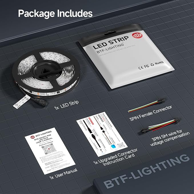 BTF-LIGHTING WS2811 Addressable RGB LED Strip 16.4FT 300LED DC12V IP67 | 100Pixels IC=RGB+IC UL Listed White PCB Flexible Chasing Effect for Indoor Home Decor(No Adapter or Controller)