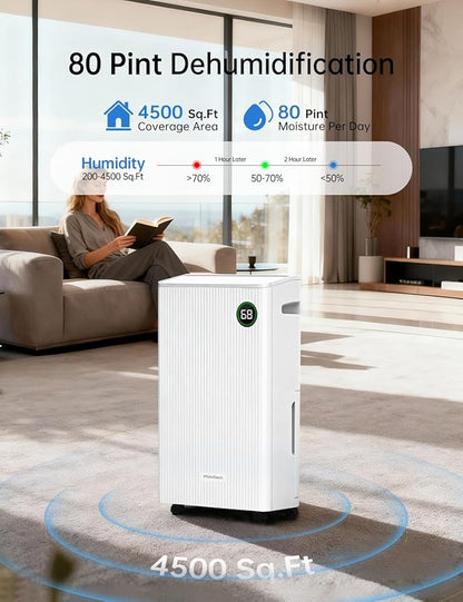 PHILODECO 80 Pint 4500 Sq.Ft Dehumidifier with Drain Hose, Automatic Defrosting, Intelligent Humidity Control with 24HR Timer, Smart Quiet Dehumidifier, for Basement, Bathroom, Bedroom, Home, White