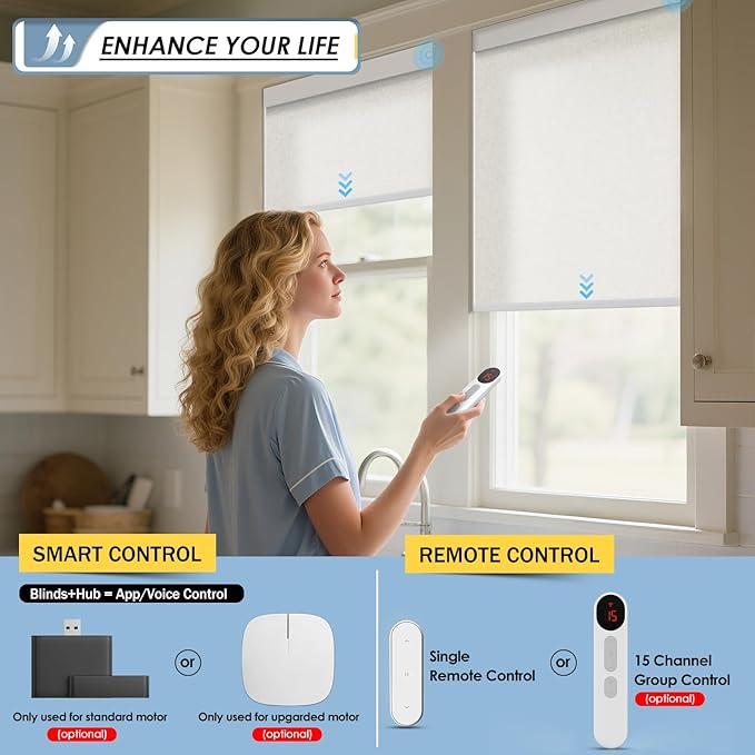 Motorized Blinds with Remote, No Drill No Tools Automatic Roller Shades, Blackout Electric Blind for Indoor Windows, Light-Filtering Smart Blinds, Rechargeable, Customized Size Color