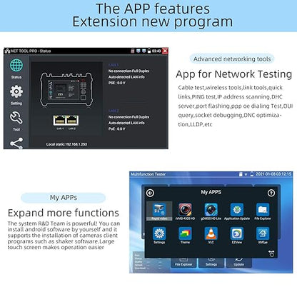 Koolertron 7" IPS Touch Screen 4K H.265 IP Camera Tester - POE/WiFi, CVBS Analog Tester, HDMI Output, RJ45 TDR, 8GB TF Card, Dual Window Test, Firmware Upgrade