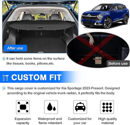 Powerty Retractable Cargo Cover for 2023-2026 Kia Sportage, Canvas Texture Trunk Cover Privacy Screen Rear Security Shade for Sportage Accessories