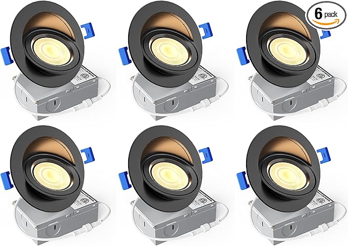 Ensenior 6 Pack 4 inch 5CCT LED Gimbal Led Recessed Light with Junction Box, 360°+90° Adjustable Directional Lighting, Dimmable, CRI90+, 2700K/3000K/3500K/4000K/5000K, 900LM, 10W=85W-ETL&FCC, Black