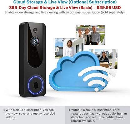 1080P Wireless Video Doorbell Camera, Battery Powered Door Chime, Night Vision, 2-Way Audio, Smart AI Human Detection, Cloud Storage, Home Security Door Bell