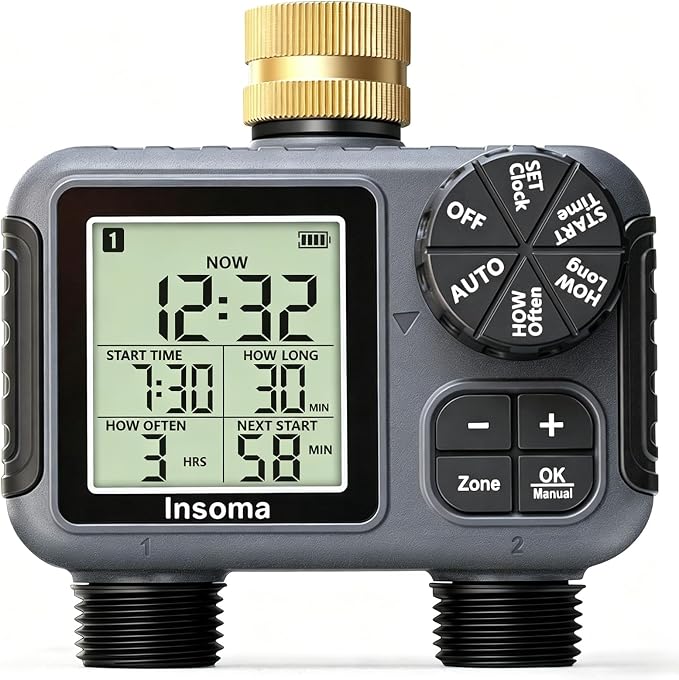 Insoma 2-Zone Sprinkler Timer with Brass Inlet, Water Hose Timer with Auto/Manual Modes + Rain Delay, Big LCD Display, for Garden, Yard Lawn, IPX5 Waterproof & Save Water