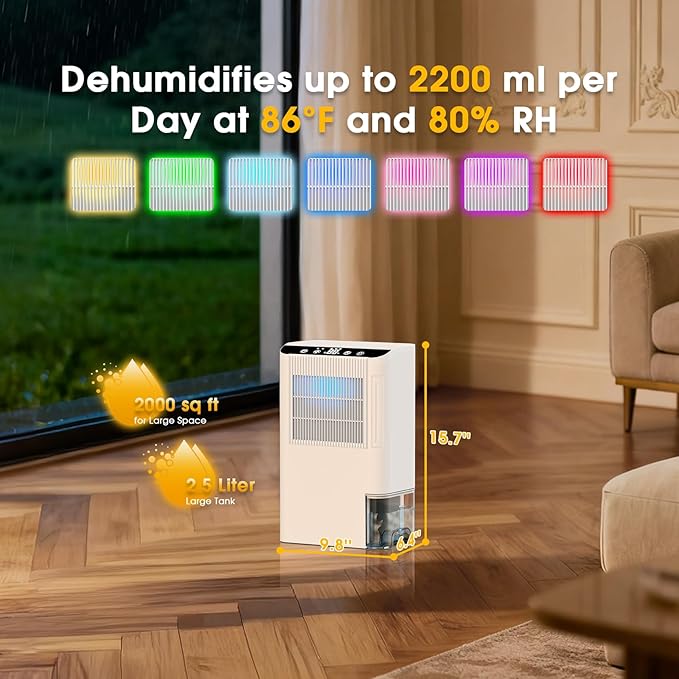Dehumidifiers for Home, 2000 Sq.Ft Small Dehumidifier with 3.3ft Drain Hose, 2.5L Tank, Timer Sleep Mode, Portable Dehumidifier for Basement, Bedroom, Bathroom (Beige)