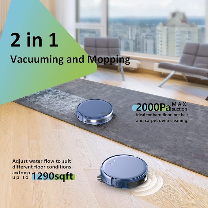 Robot Vacuum and Mop Combo, 3 in 1 Mopping Robotic Vacuum with Schedule, App/Bluetooth/Alexa, 1600Pa Max Suction, Self-Charging Robot Vacuum Cleaner, Slim, Ideal for Hard Floor, Pet Hair, Carpet