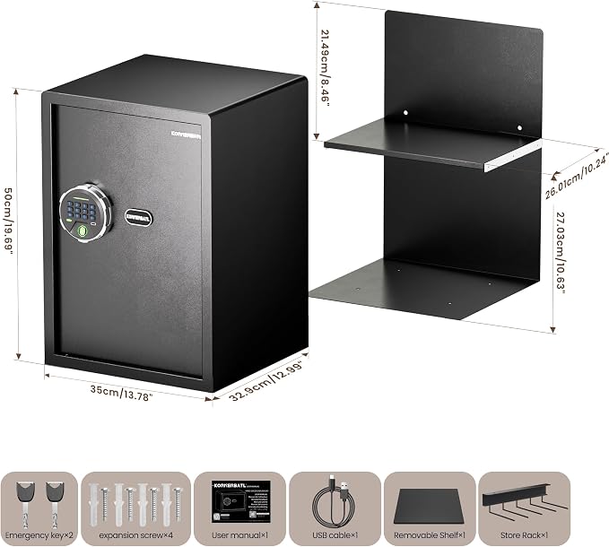 KornerBatl 35 lb Biometric Gun Safe, 4 Handgun Storage with Rack | 30 Fingerprint Storage, PIN Code Entry, Backlit Keypad, Quiet Access, LED Light, Emergency Keys, 2.03 cu. ft. Capacity