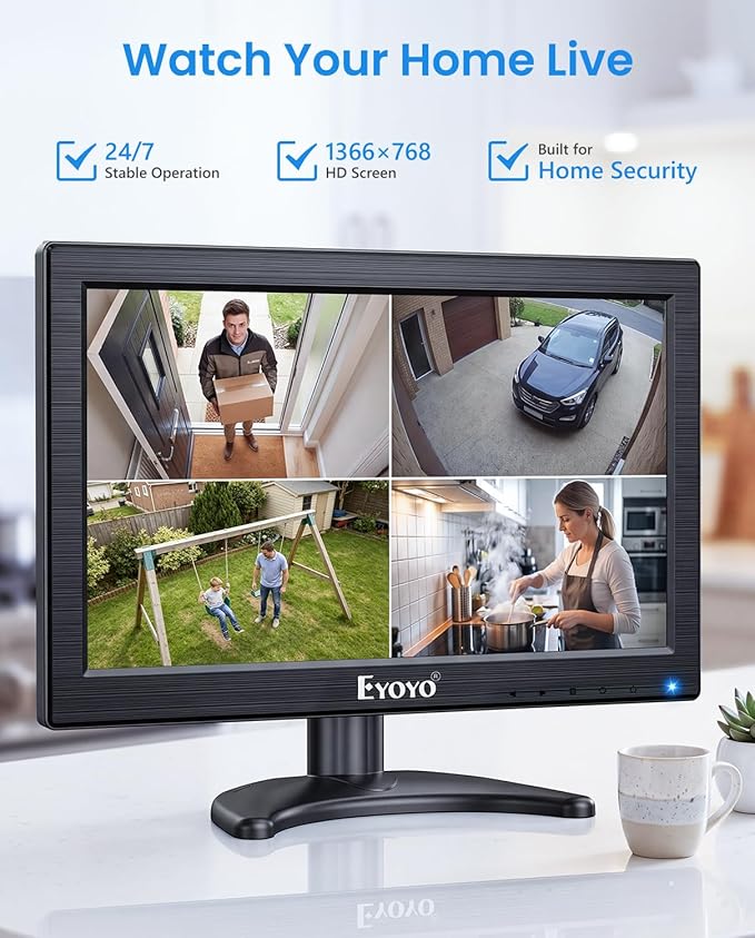 Eyoyo 12" Inch TFT LCD Monitor with AV HDMI BNC VGA Input 1366x768 Portable Mini HD Color Screen Display with Built-in Speaker