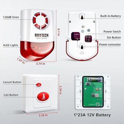 Daytech Wireless Emergency Alarm System-120dB Strobe Siren with Panic Buttons, 500ft Range, Waterproof Security Kit for Business/Home/Hotel/School (1 Red Siren+2 Buttons)