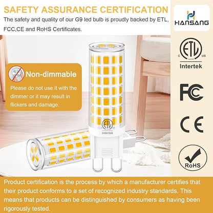 10-Pack G9 LED Bulbs 3000K Yellow, Warm White, 6W 60W Equivalent, 600LM Warm White T4 Crystal Chandelier Lights, G9 Bi-Pin Ceramic Base, Non-Dimmable