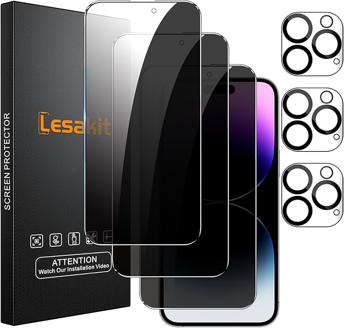 Lesakit 3+3 Pack Privacy Screen Protector for iPhone 14 Pro Max 6.7-Inch with 3 Pack Camera Lens Protector, Anti Spy Tempered Glass Film 9H Hardness Bubble Free Case Friendly
