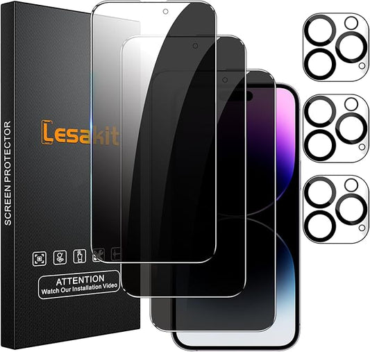 Lesakit 3+3 Pack Privacy Screen Protector for iPhone 14 Pro Max 6.7-Inch with 3 Pack Camera Lens Protector, Anti Spy Tempered Glass Film 9H Hardness Bubble Free Case Friendly