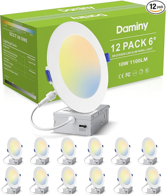 DAMINY 12 Pack 6 Inch LED Recessed Lighting with Junction Box,5CCT,Ultra-Thin Recessed Light,10W 1100LM, Dimmable Canless Wafer Ceiling Light, High Brightness