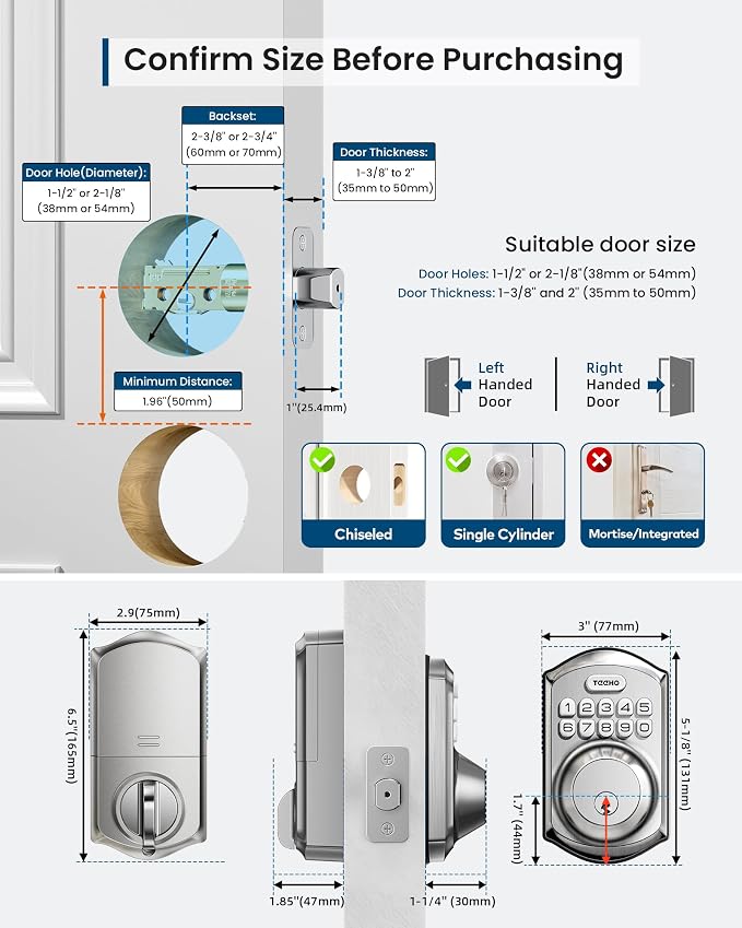 TEEHO TE011W WiFi Keypad Deadbolt, Smart Locks for Front Door, Satin Nickel