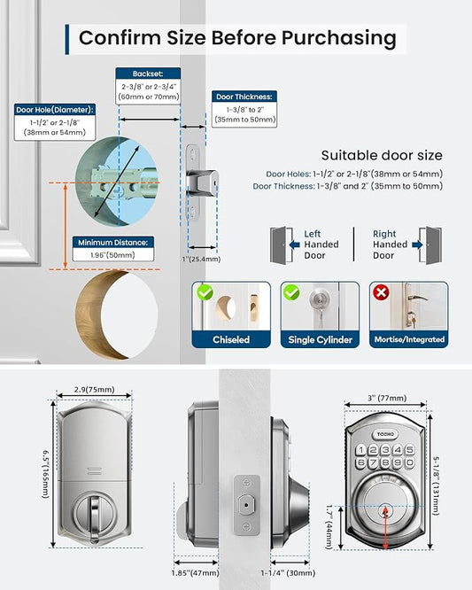 TEEHO TE011W WiFi Keypad Deadbolt, Smart Locks for Front Door, Satin Nickel