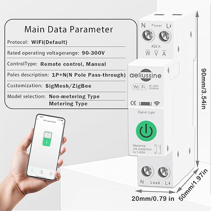 WiFi Smart Switch, 1-63A Adjustable WiFi Circuit Breaker, Smart Life/Tuya APP Remote Control Monitor Voltage Power Energy Usage, Compatible with Alexa Google Home, DIN Rail Mountable