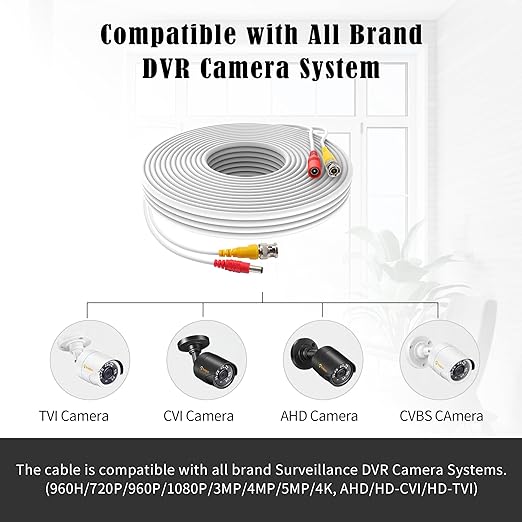 1 Pack 25ft White BNC Video Power Cable Security Camera Cable Wire Cord for CCTV DVR Surveillance System with Connectors (BNC Female and BNC to RCA) (White, 25FT)