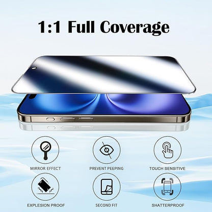 2 Pack For iPhone 16 Privacy Screen Protector Mirror Effect Tempered Glass For iPhone16 6.1inch Mirrored Anti-Spy Easy Installation Frame Case Friendly No Bubble (Silver)
