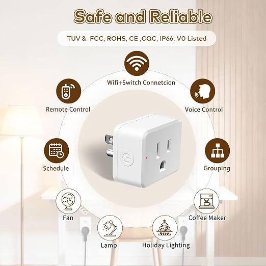 NineLeaf Slim WiFi Smart Plug w Switch, Remote App Control, 15A/1500W, Compatible with Alexa/Google Home via Tuya, Compact Design Control Anywhere,Timer/Schedule, TUV FCC, 2.4G Only(1Remote 6Outlets)
